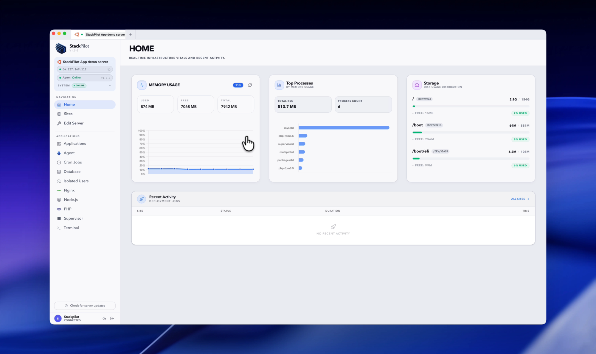 Server dashboard after provisioning