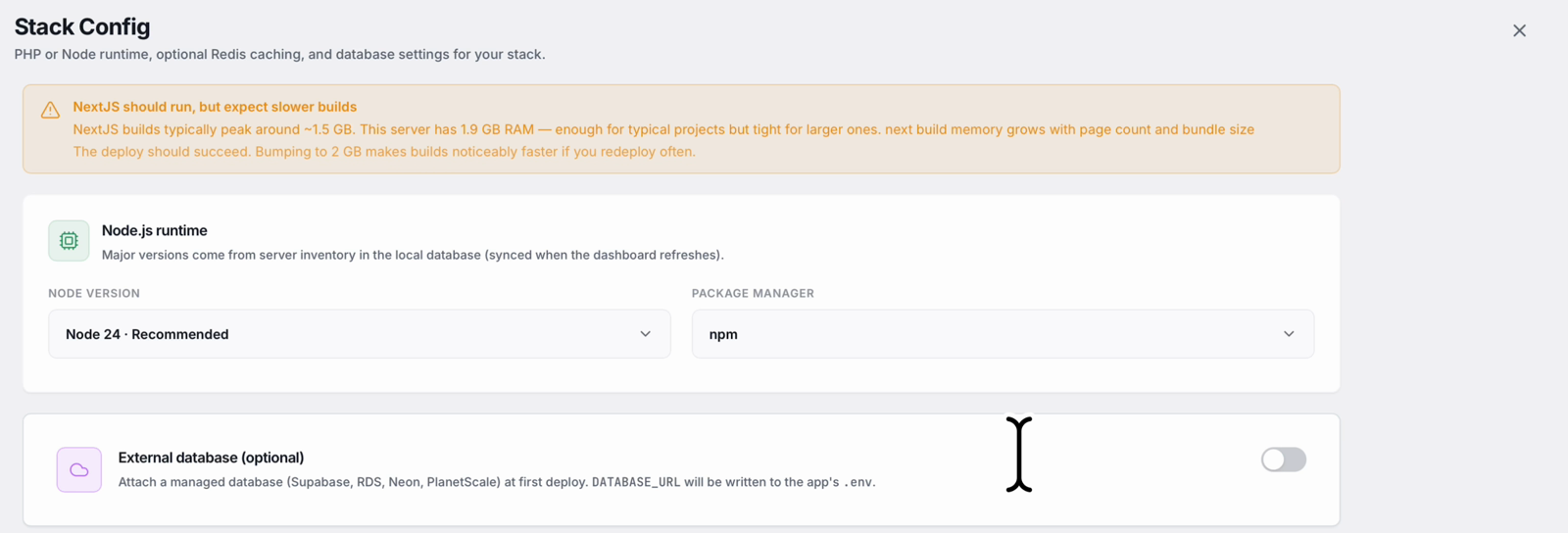 StackPilot App stack config for Next.js, showing a low-memory build warning, Node 24 and the package manager selector