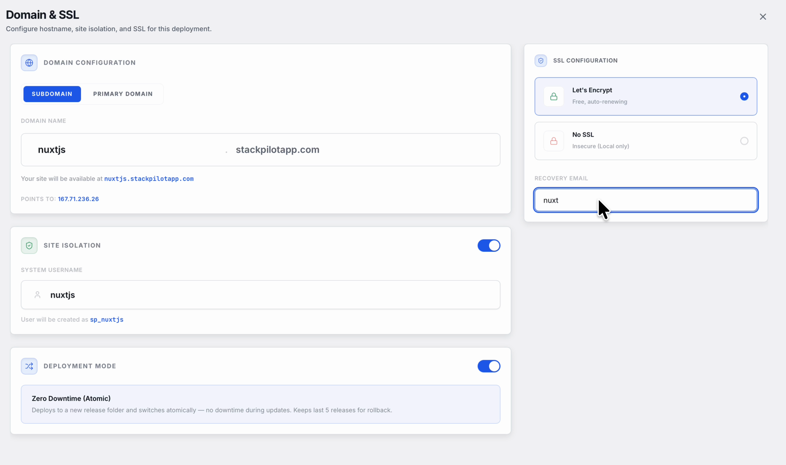 Configuring the domain, SSL and zero-downtime deploy mode for a Nuxt.js site in StackPilot App