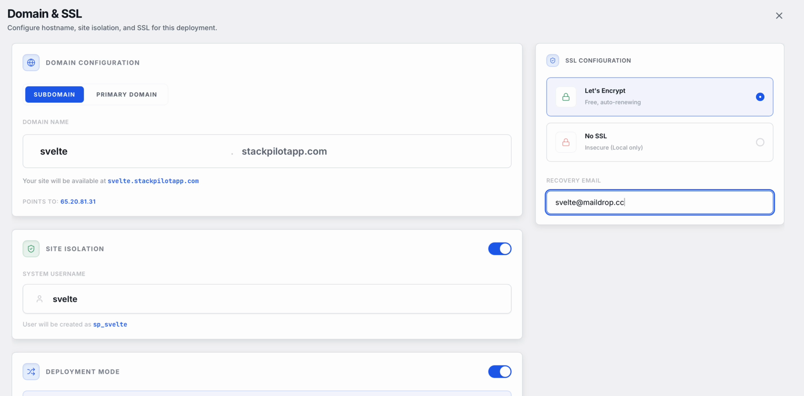 Domain and SSL step in StackPilot App for a Svelte site, with Let's Encrypt selected and site isolation turned on