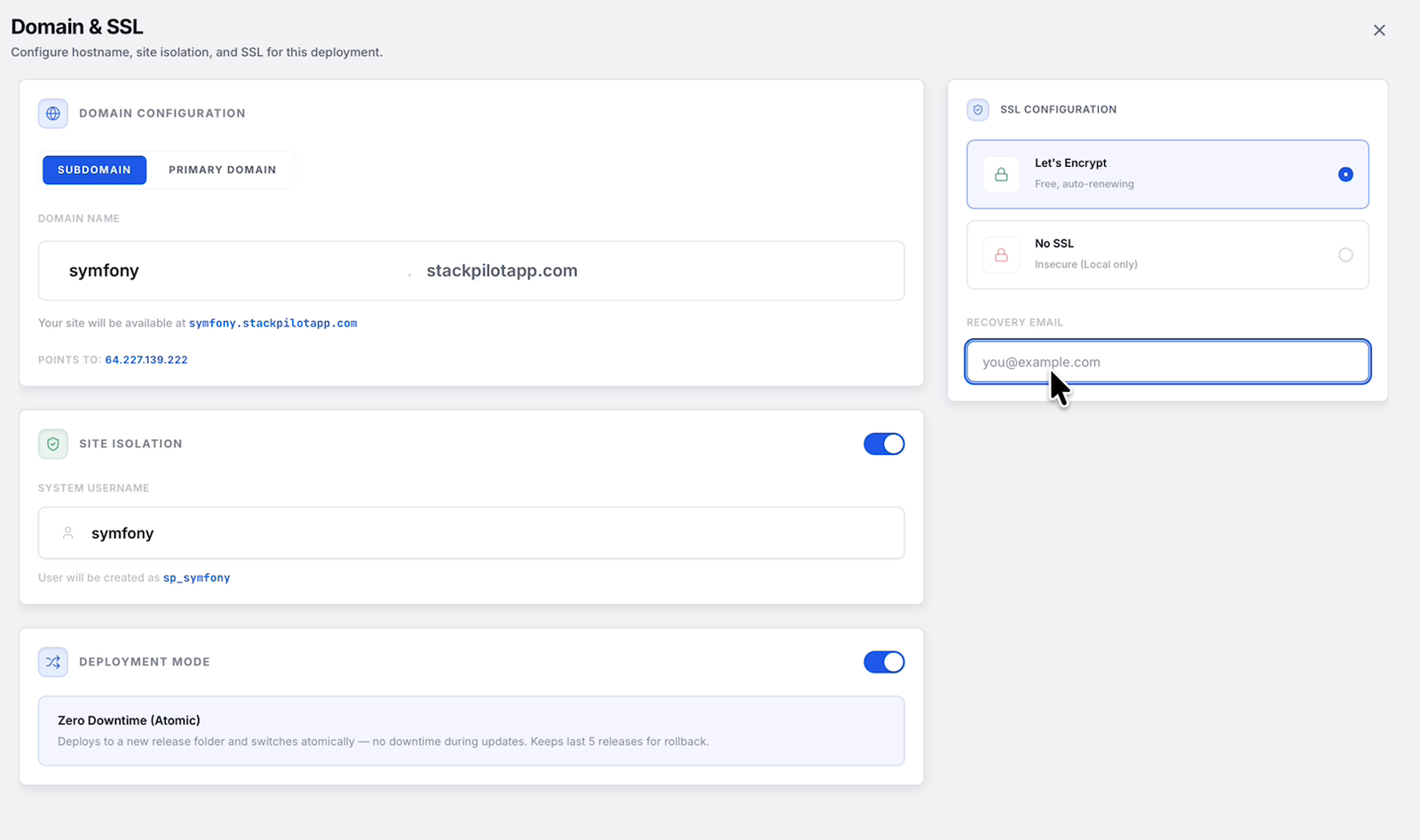 Configuring the domain, SSL and zero-downtime deploy mode for a Symfony app in StackPilot App