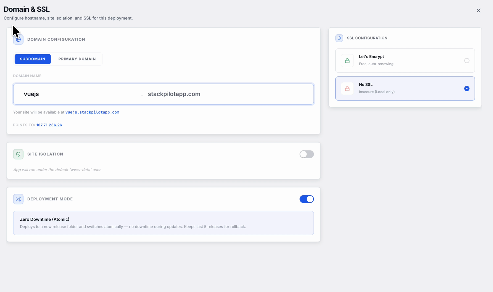 Configuring the domain, SSL and deploy mode for a Vue.js site in StackPilot App