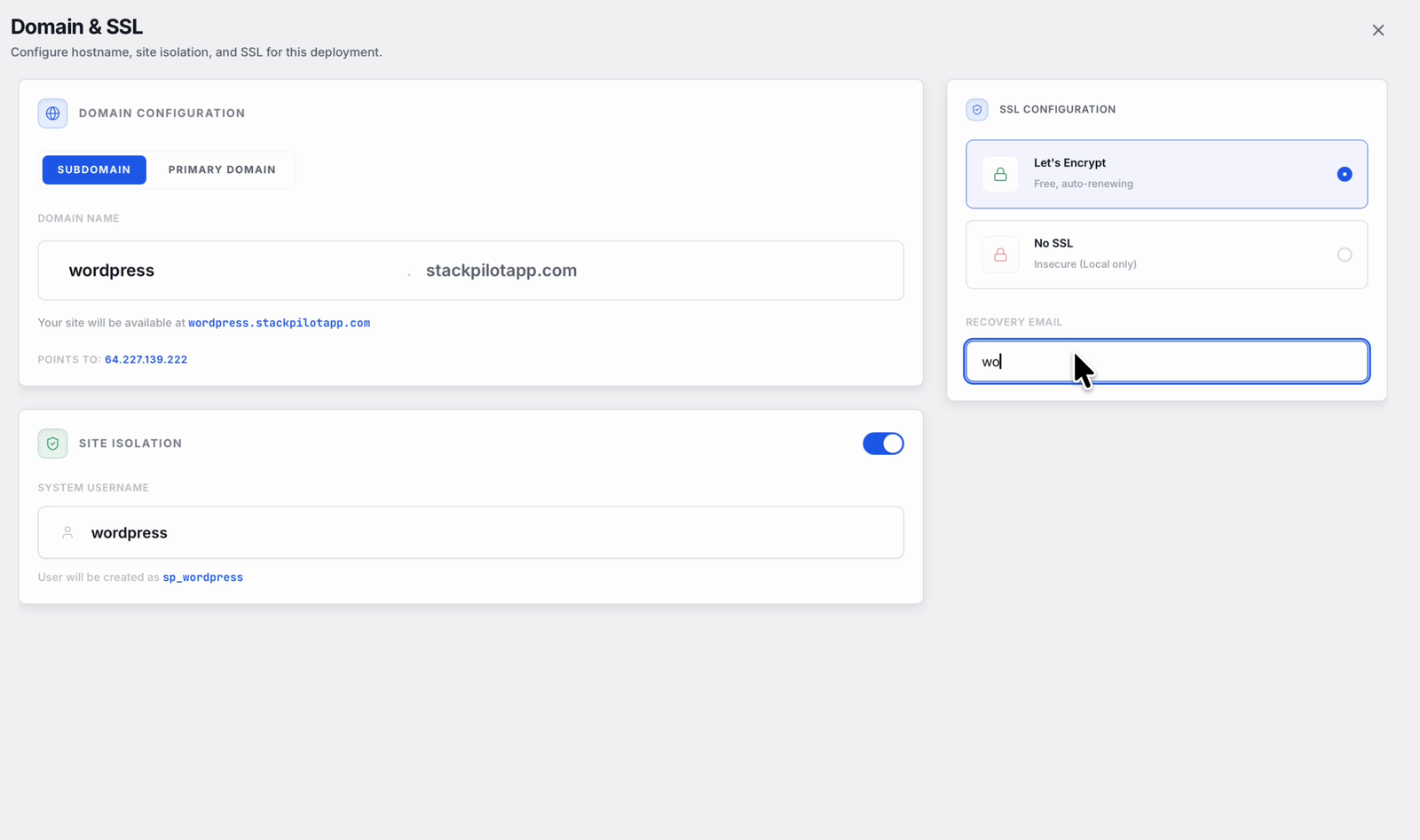 Configuring the domain, SSL and isolated user for a WordPress site in StackPilot App